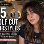 Woman with trendy wolf cut hairstyle featuring layered texture, curtain bangs, and volume with text overlay reading 25 Wolf Cut Hairstyles