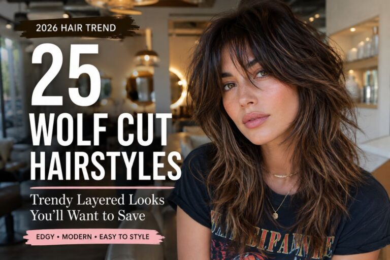 Woman with trendy wolf cut hairstyle featuring layered texture, curtain bangs, and volume with text overlay reading 25 Wolf Cut Hairstyles