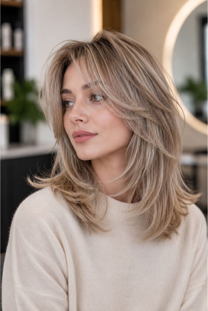 Woman with an airy kitty cut featuring soft ash blonde layers, feathered ends, and lightweight face-framing movement.