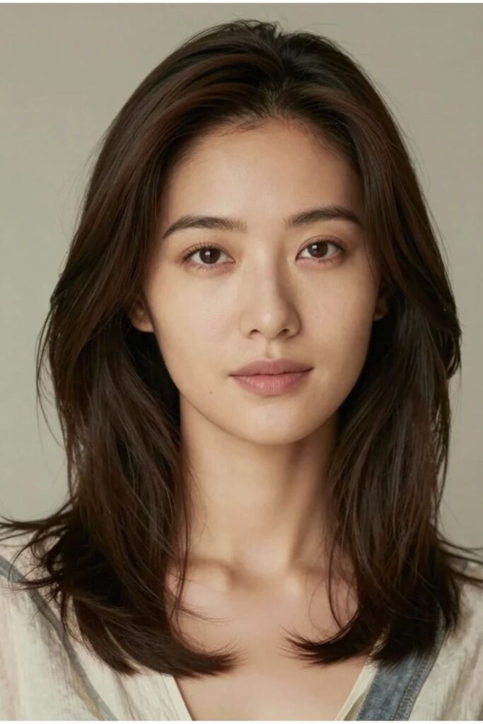 Woman with airy medium-length layered octopus haircut featuring relaxed effortless movement