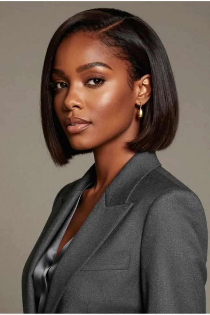 Angled bob hairstyle for Black women graduating from shorter back to longer front