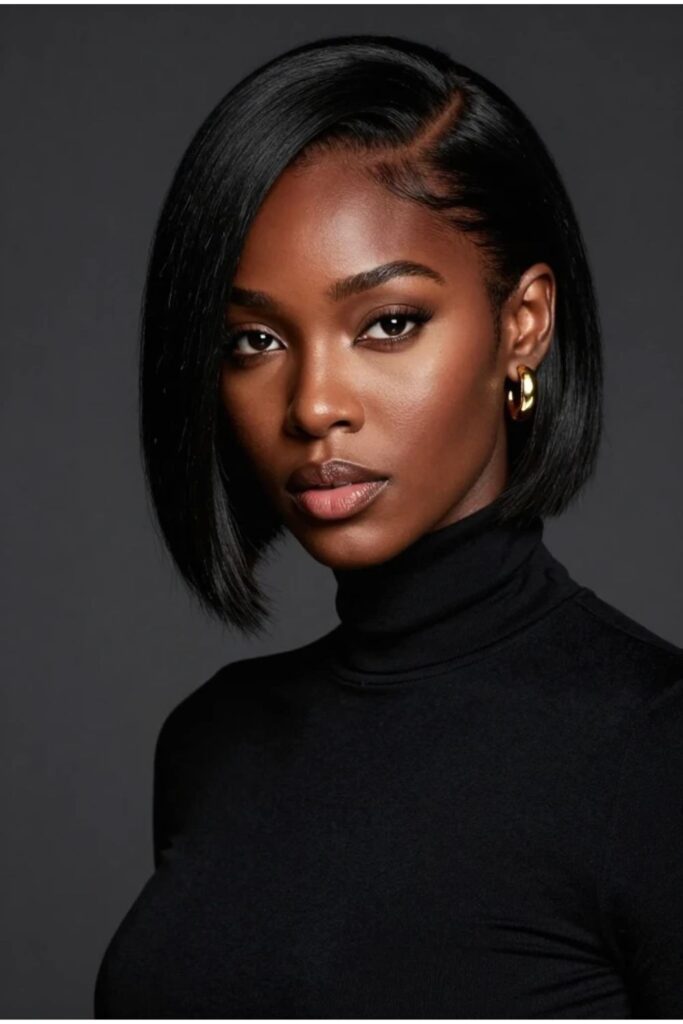 Asymmetrical bob hairstyle for Black women with one longer side and a bold modern diagonal angle