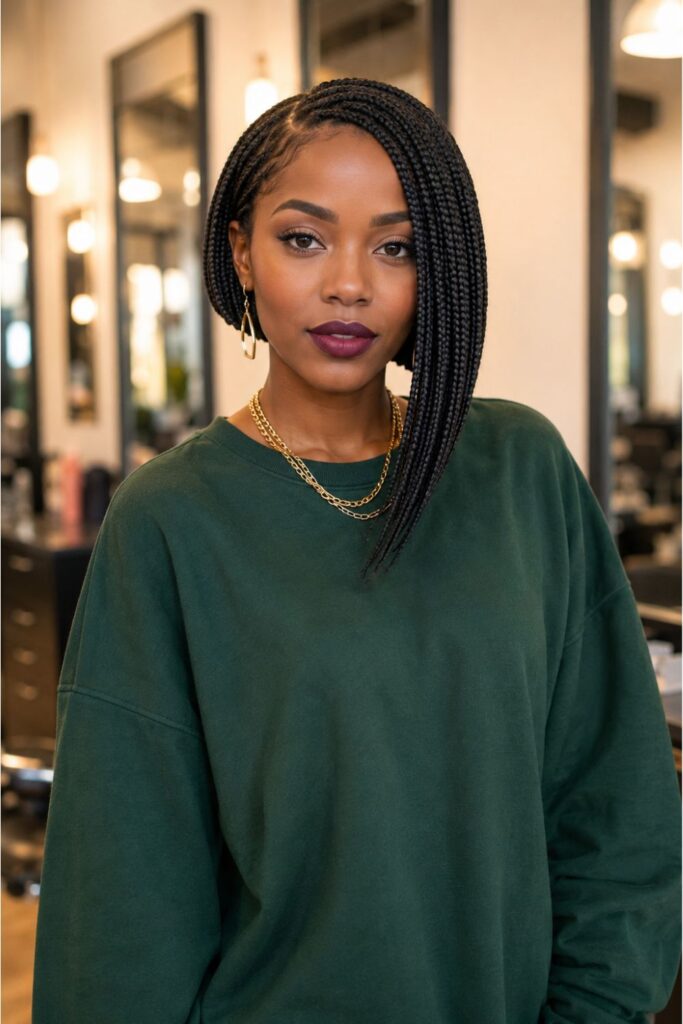 Black woman with an asymmetrical short box braids bob featuring one longer side and one shorter side