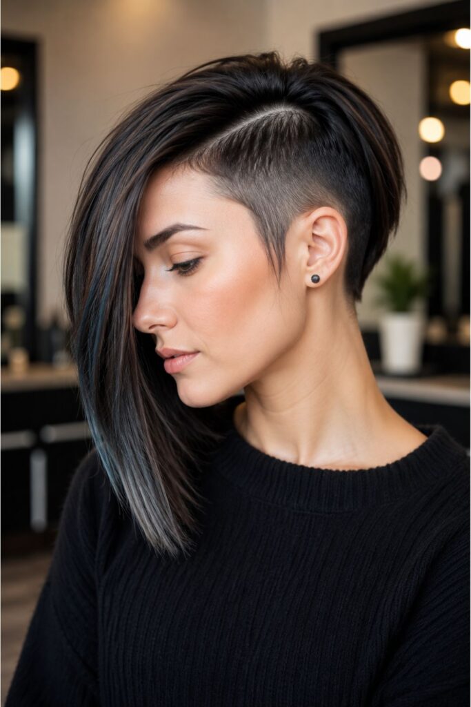 Woman with an asymmetrical undercut bob hairstyle featuring one longer side, dark hair, and a shaved undercut