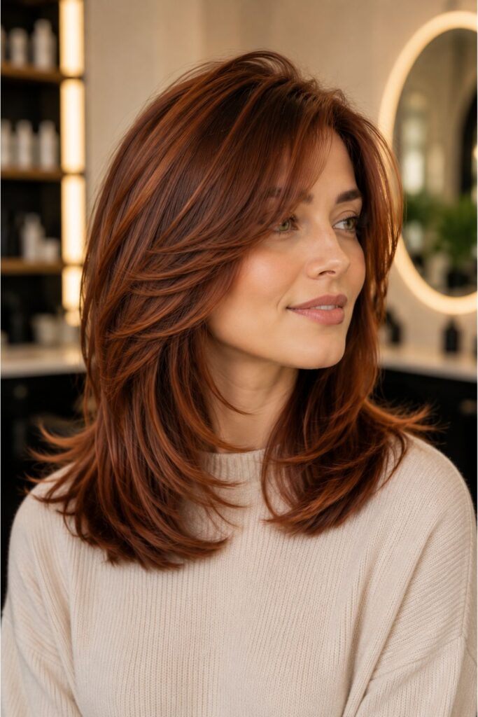Woman with an auburn kitty cut featuring rich auburn layered hair, feathered ends, and soft face-framing pieces.