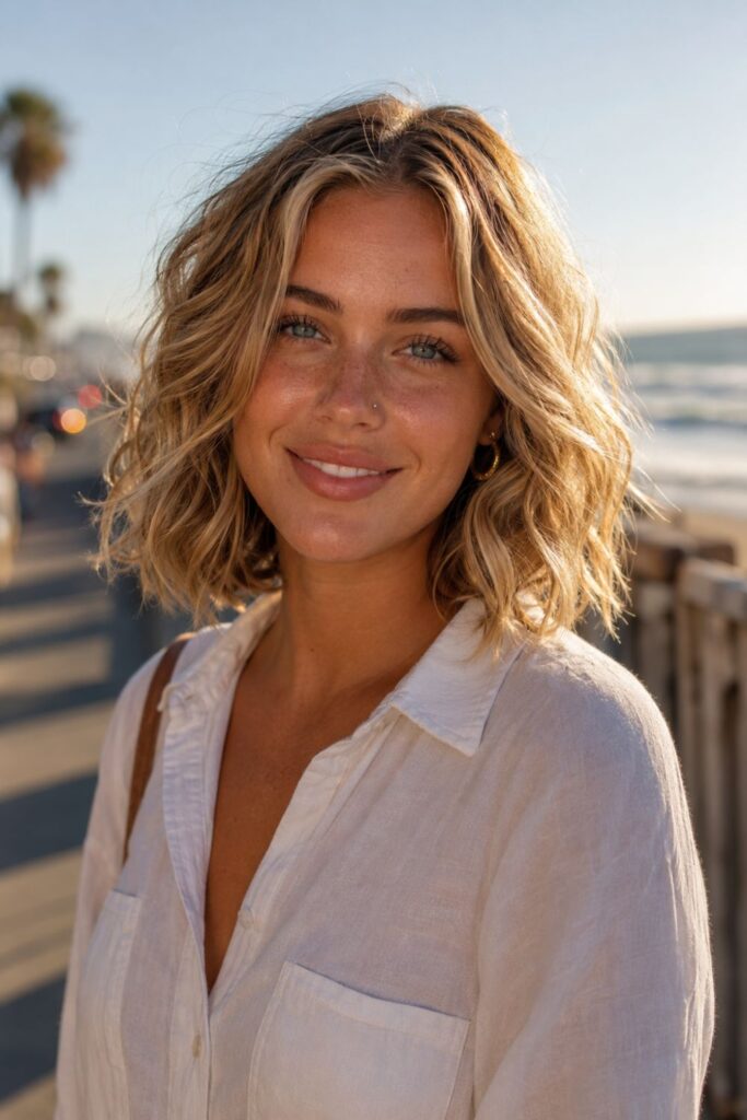 Woman with a beach wave choppy bob featuring tousled natural waves and effortless textured layers