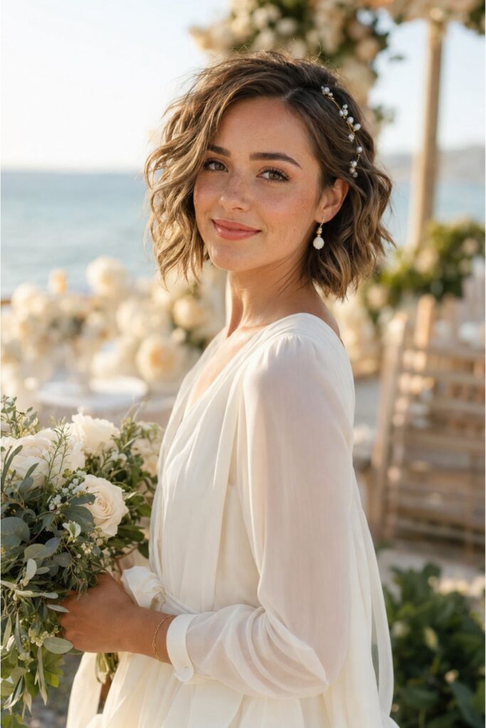 Bride with beachy bridal waves featuring tousled natural waves and delicate pearl pins for a coastal wedding