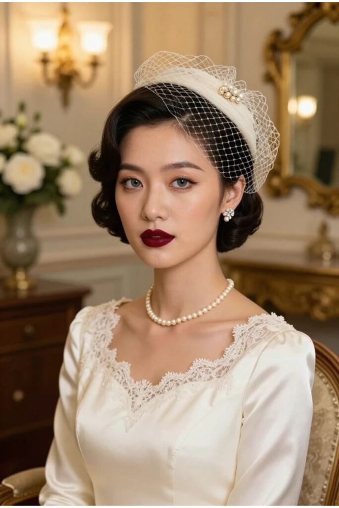Bride with a birdcage veil hairstyle featuring classic netting over one eye attached with a pearl comb