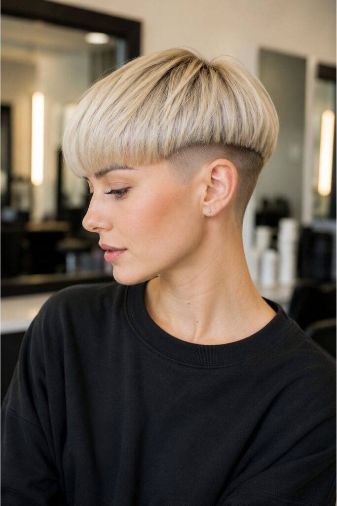 Woman with a blonde bowl cut undercut hairstyle featuring a blunt fringe and closely shaved sides