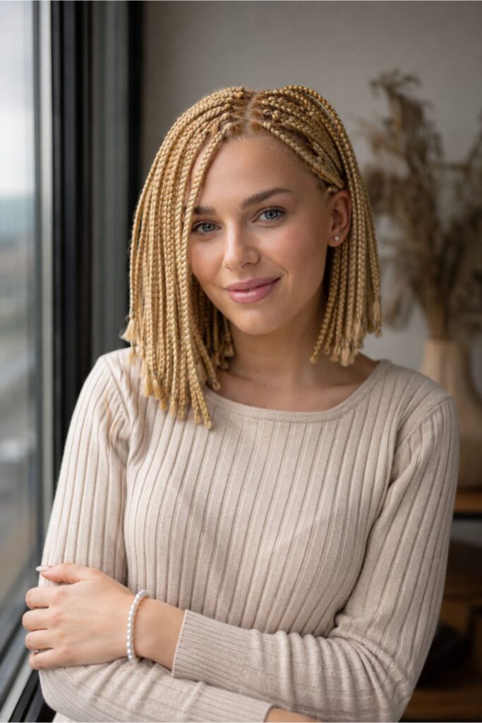Woman with a blonde box braided bob featuring bright golden braids and a clean part