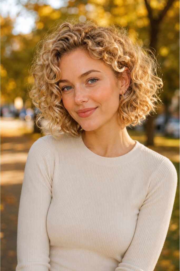 Woman with a blonde curly bob featuring warm honey-golden tones and defined springy curls