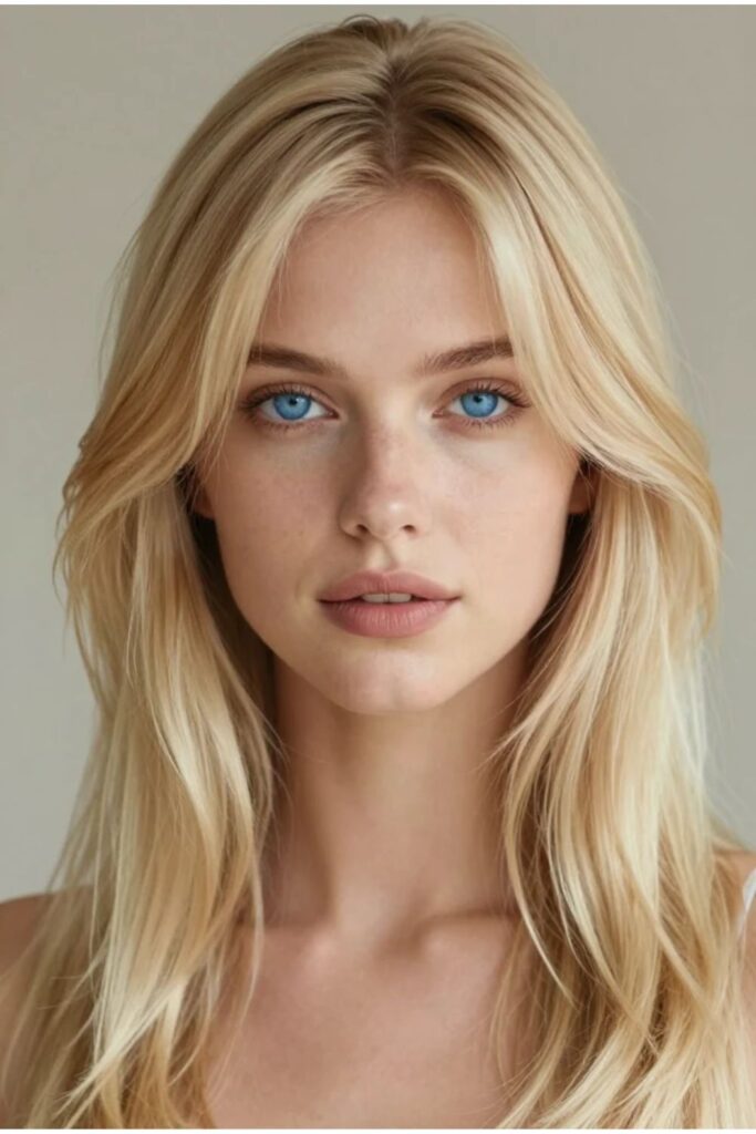 Woman with blonde face-framing layered octopus haircut featuring bright dimensional pieces around the face