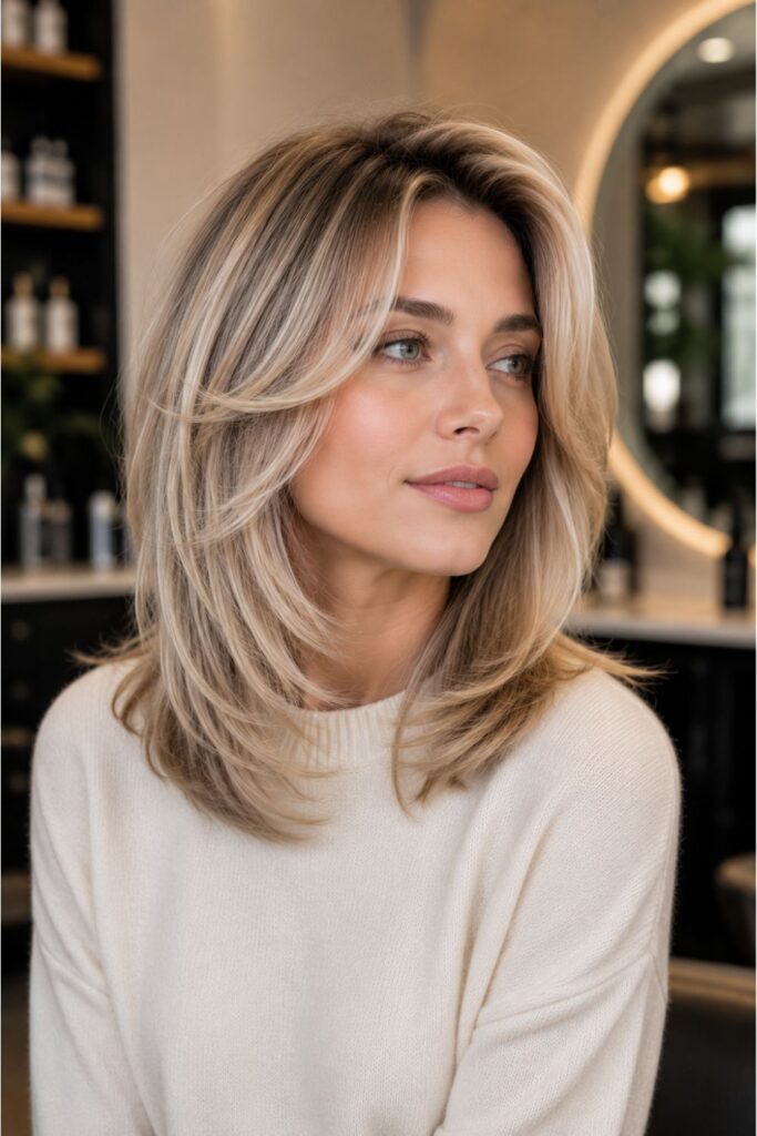 Woman with a blonde kitty cut featuring creamy beige blonde layers, soft face-framing pieces, and a polished shoulder-length blowout.
