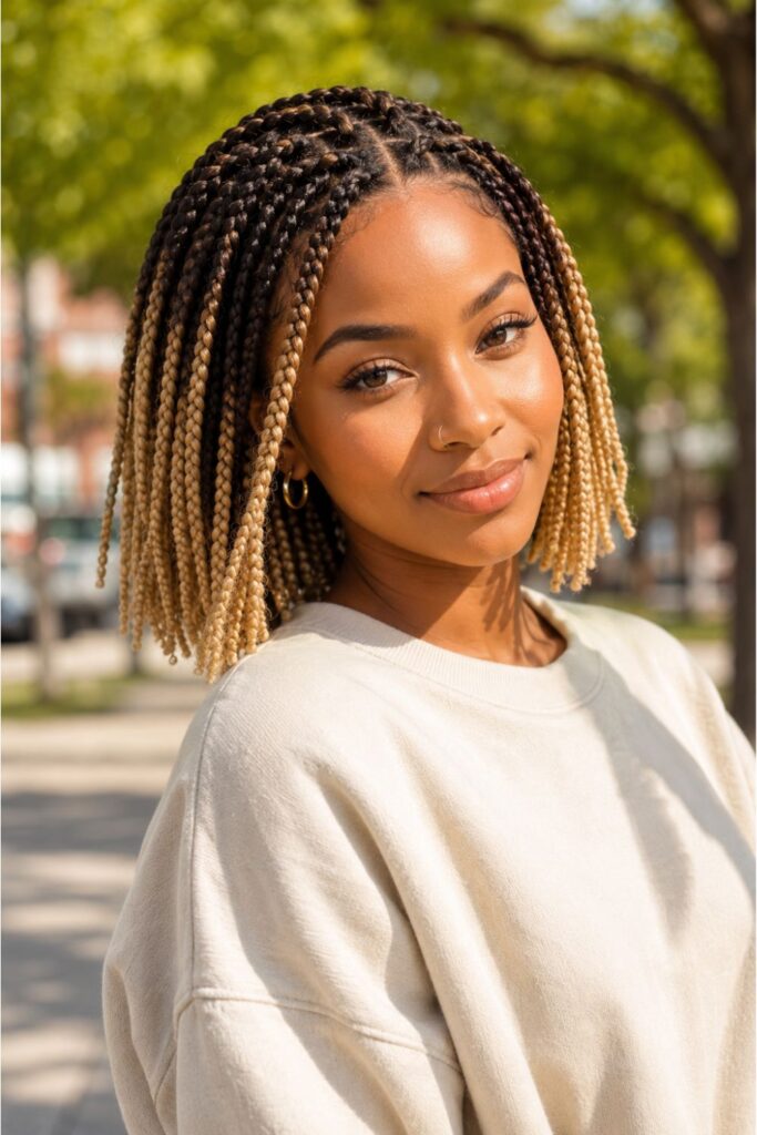 Black woman with blonde ombre short box braids featuring dark roots gradually fading into warm honey blonde ends