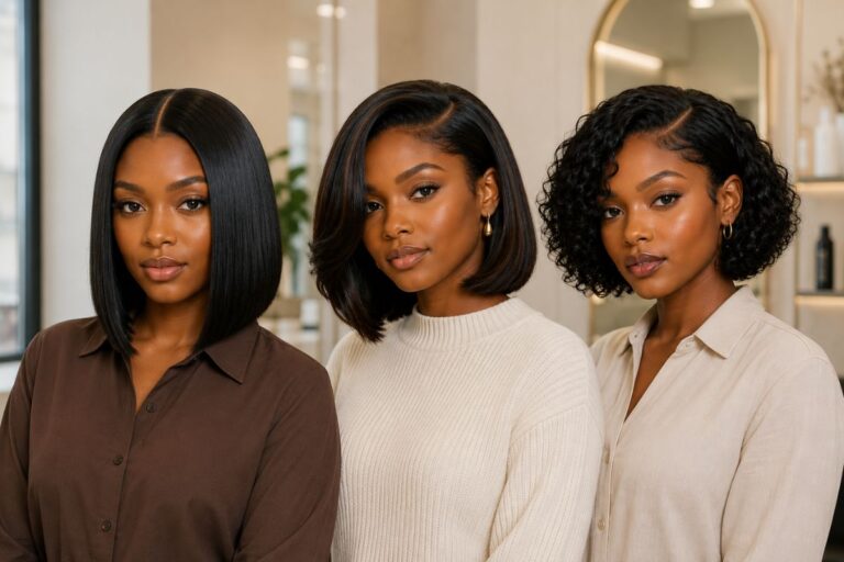 Three stylish Black women showcasing sleek, layered, and curly bob hairstyles with modern cuts and healthy shine, offering inspiration for chic bob hairstyles for Black women.