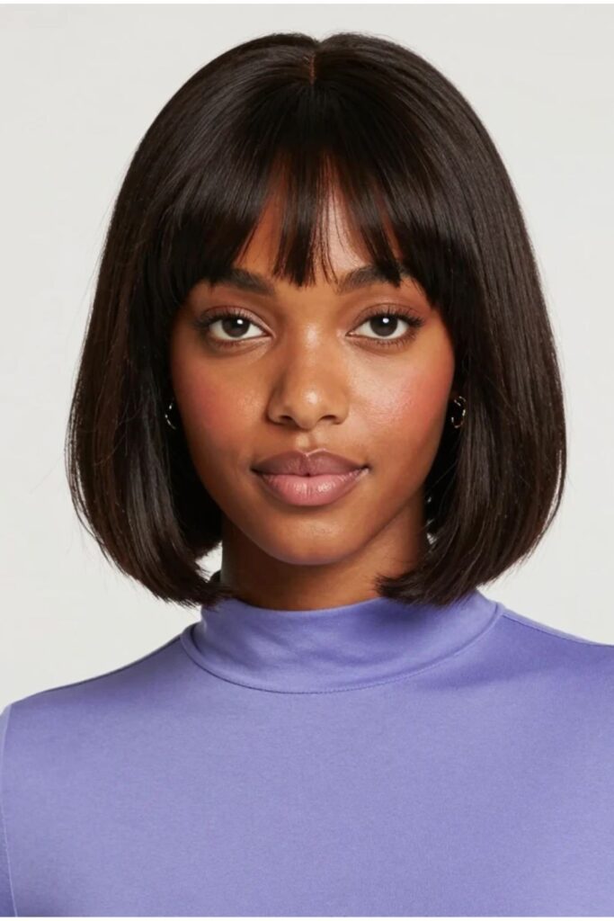 Bob hairstyle for Black women with soft bangs gently framing the forehead