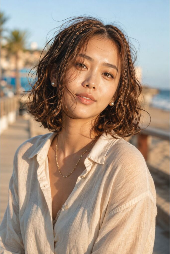 Woman with a boho braided bob featuring small braids blended into soft loose curls