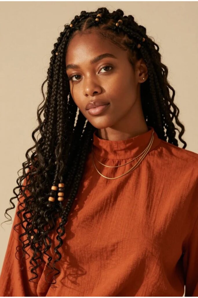 Woman with boho Fulani braids featuring neat cornrows mixed with loose curly textured strands