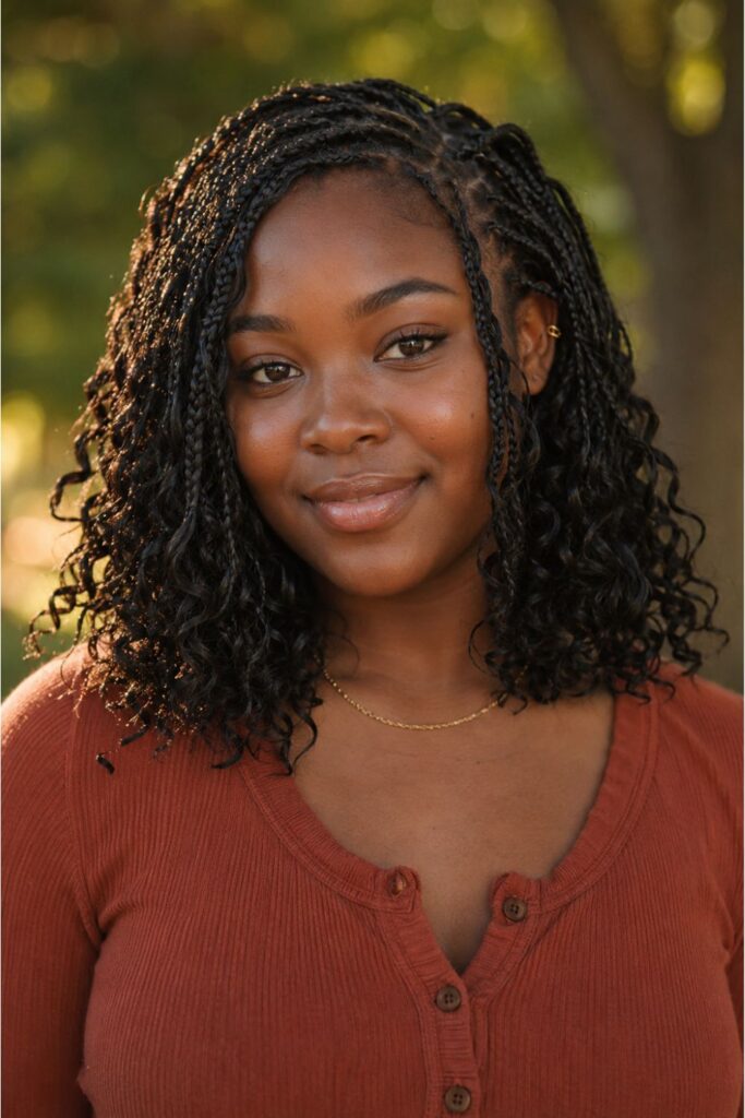 Woman with a boho knotless braided bob featuring soft curly ends and a lightweight braid pattern