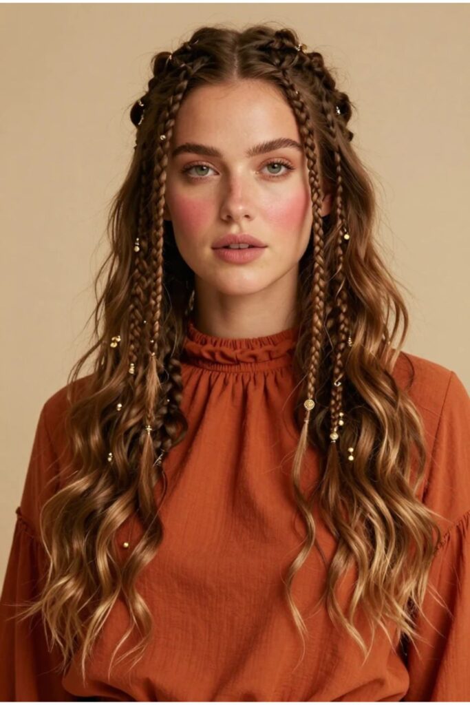 Woman with boho Medusa braids featuring scattered braids, loose waves, and gold ring charms