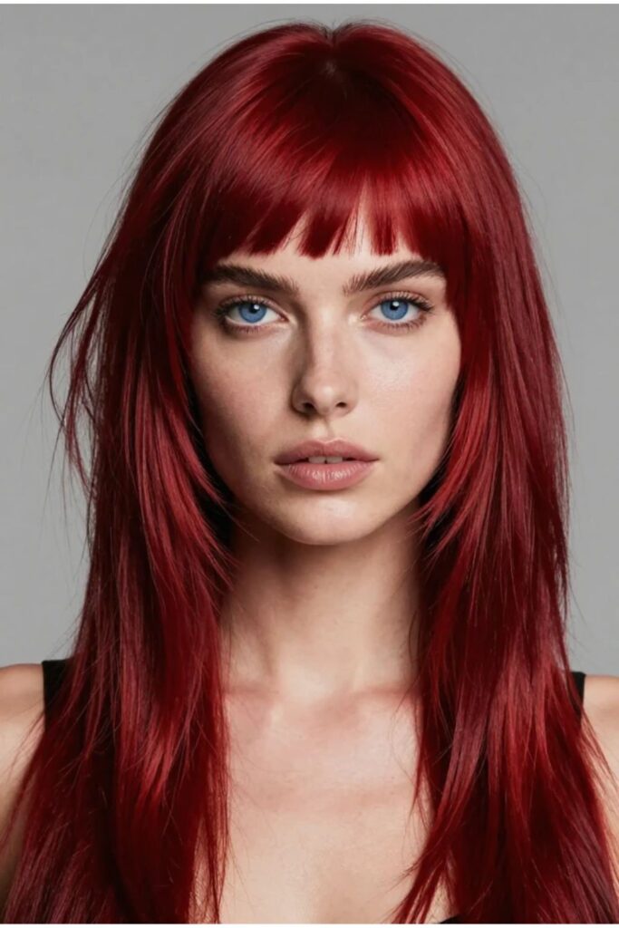 Woman with a bold red octopus haircut featuring vivid color and striking layered volume