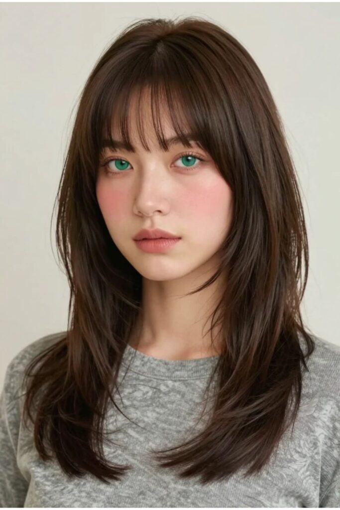 Woman with bottleneck bang octopus haircut featuring narrow center bangs widening at the sides