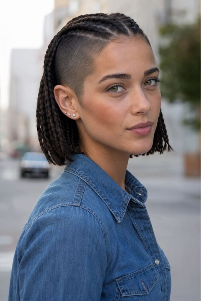 Woman with a braided bob and undercut featuring a shaved side and neat chin-length braids