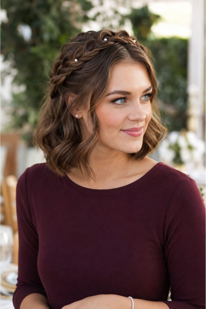 Woman with a braided crown bob featuring a top braid wrap and soft loose curls underneath