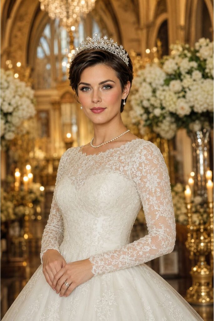 Bride with a bridal tiara on short hair featuring sparkling crystal and pearl detailing over neatly styled hair