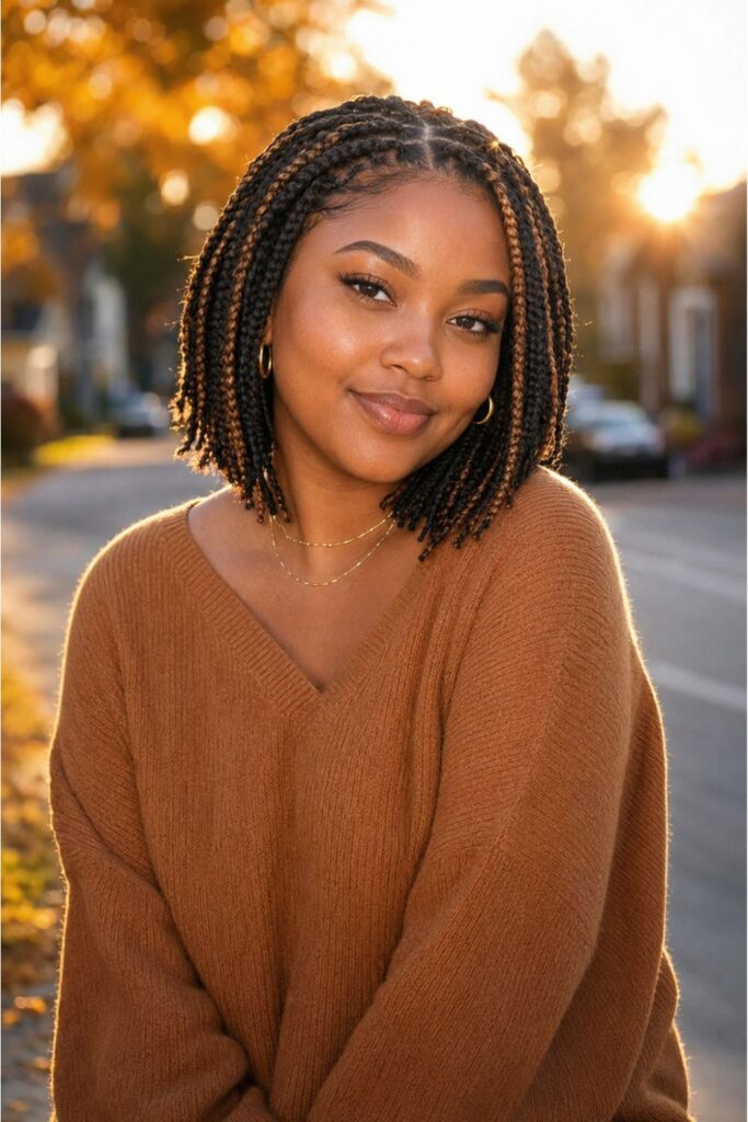 Black woman with brown highlight box braids featuring warm caramel highlights scattered through natural black braids