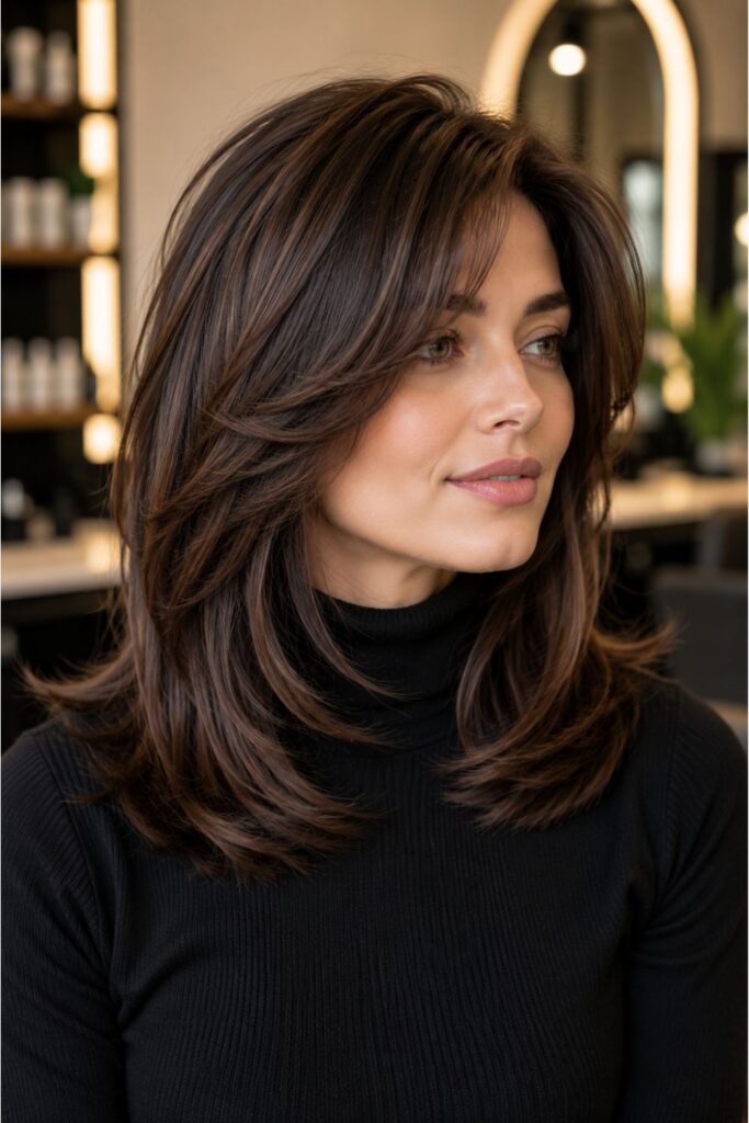 Woman with a brunette kitty cut featuring rich chocolate brown layered hair, soft face-framing pieces, and a polished shoulder-length blowout.