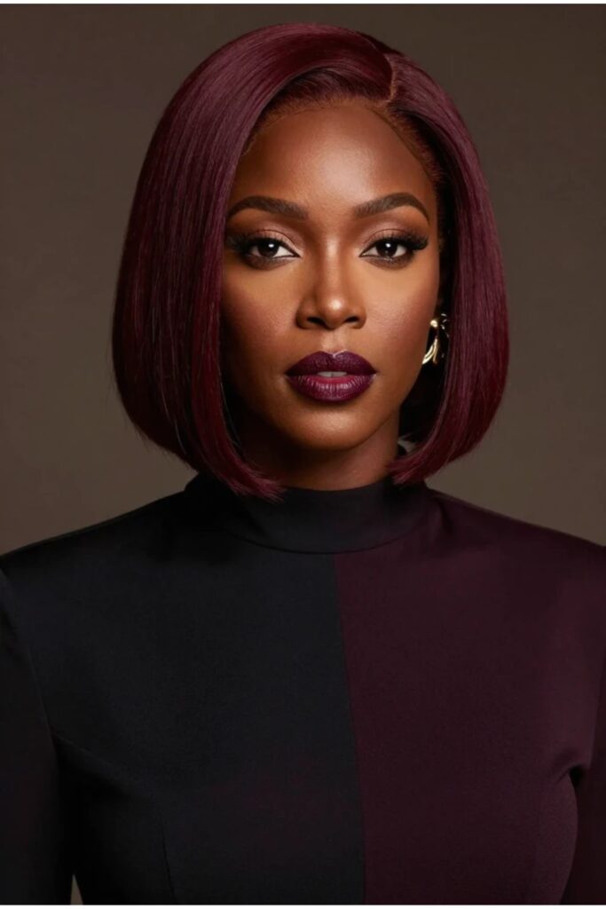 Burgundy bob hairstyle for Black women with deep wine tones and bold elegant finish