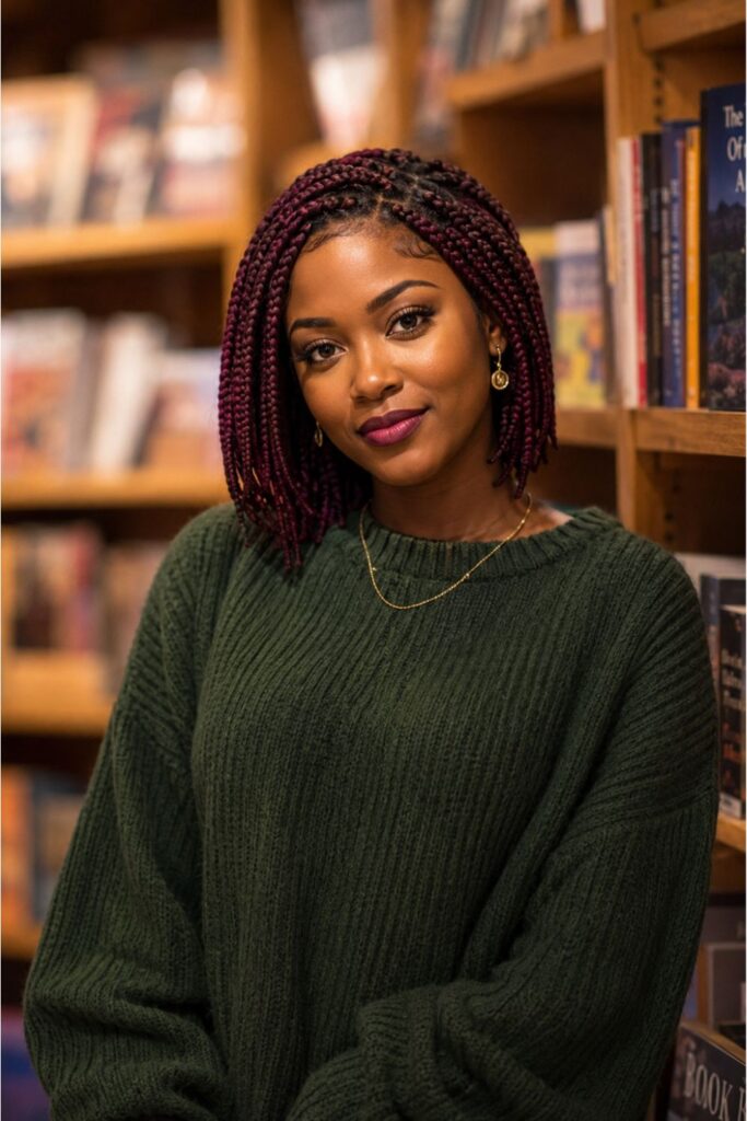 Black woman with burgundy short box braids featuring rich deep wine-colored braids at chin to shoulder length