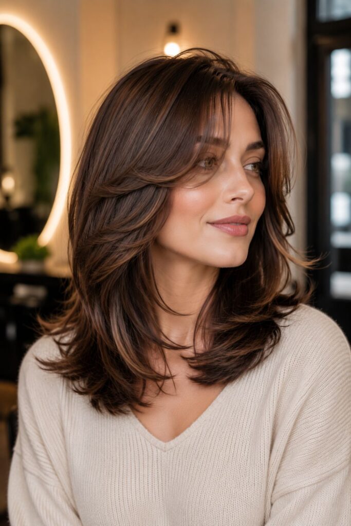 Woman with a butterfly blend kitty cut featuring layered chocolate brown hair, face-framing butterfly layers, and a voluminous shoulder-length blowout.