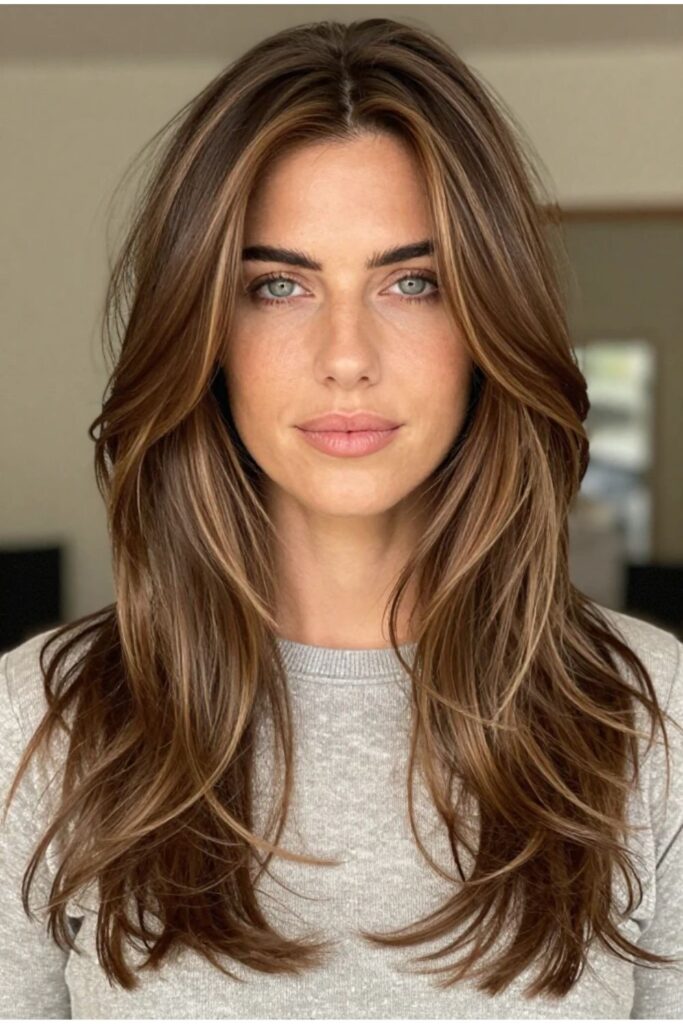 Woman with caramel highlight blend octopus haircut featuring dimensional highlights through layered hair