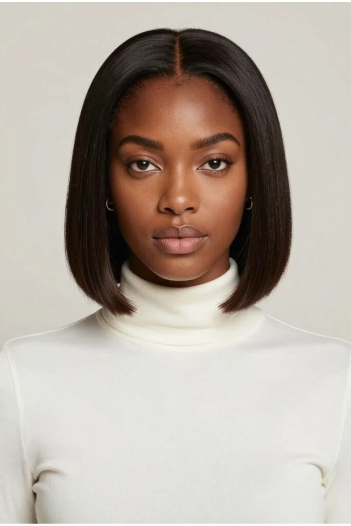 Center-part bob hairstyle for Black women with perfect symmetry and sleek glossy finish