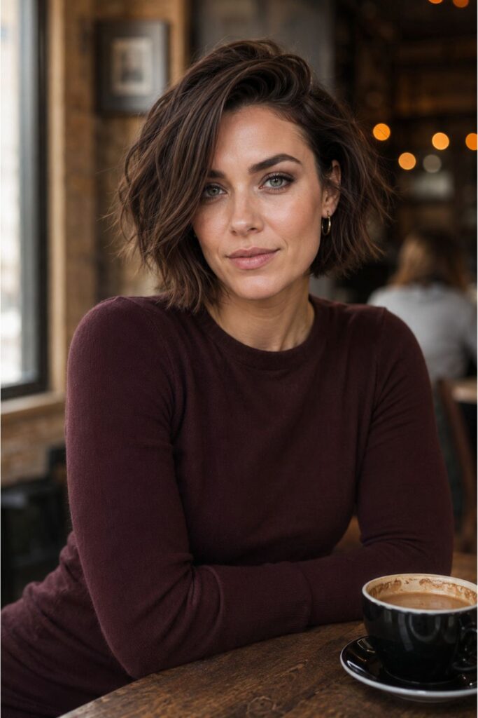 Woman with a chestnut choppy bob and deep side part featuring warm textured layers at chin length