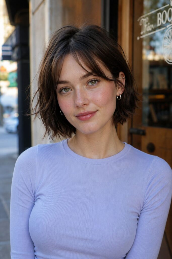 Woman with a chin-length choppy bob featuring wispy lightweight layers and a fresh youthful finish