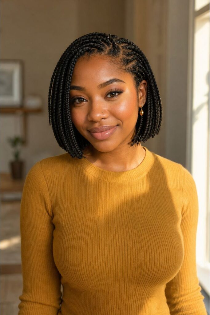 Black woman with chin-length short box braids framing her face