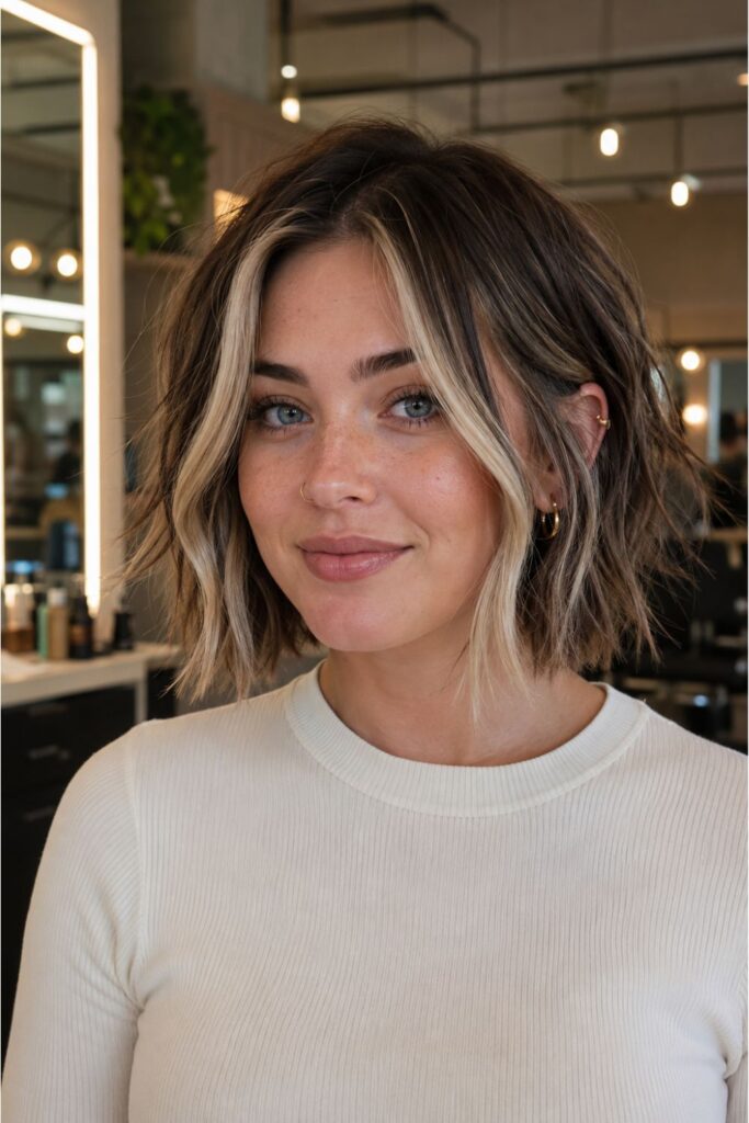 Woman with a choppy bob featuring bright money piece highlights framing the face against a darker base