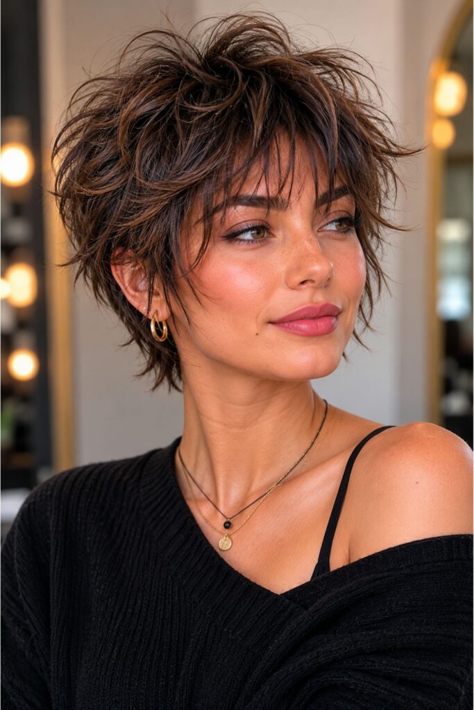 Woman with a choppy pixie shag haircut featuring textured layers and wispy fringe.