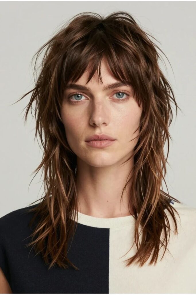 Woman with choppy textured layered octopus haircut featuring edgy piece-y ends and movement
