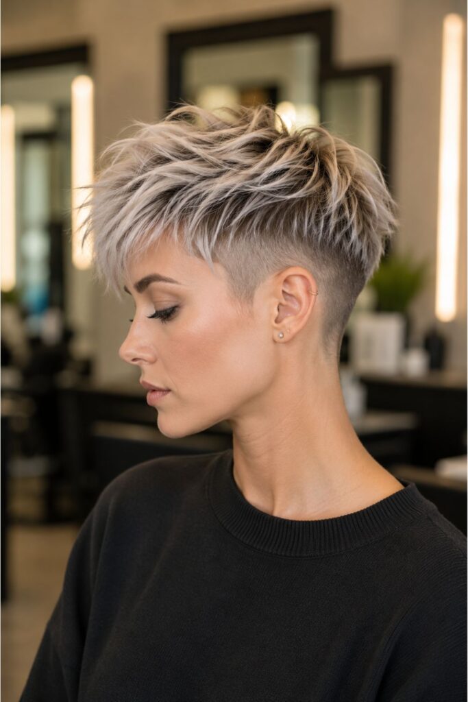 Woman with a choppy undercut pixie hairstyle featuring textured silver layers and closely shaved sides