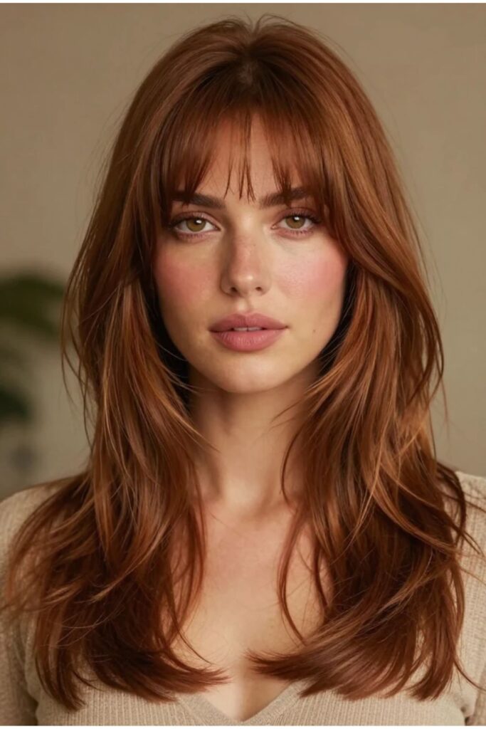 Woman with cinnamon brown octopus haircut featuring warm tones and curtain bangs