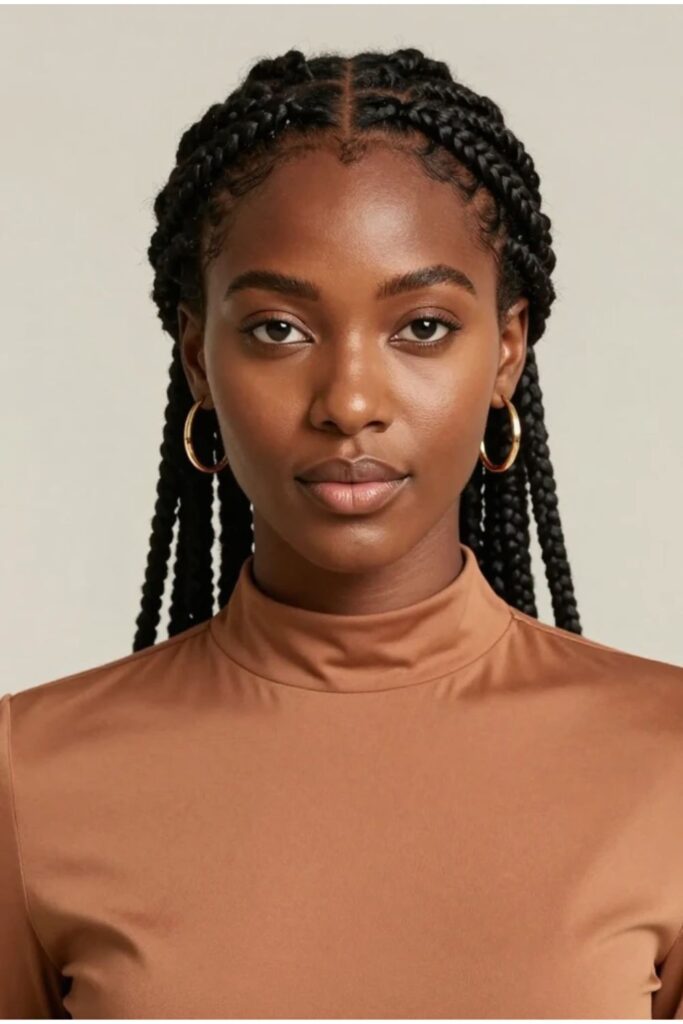 Woman with classic center part Fulani braids featuring neat cornrows and face-framing braids with beads