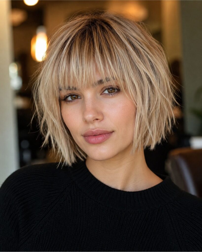 Woman with a classic choppy bob haircut featuring full fringe bangs and textured blonde layers