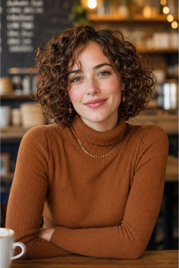 Woman with a classic curly bob featuring defined springy curls at chin length with natural bounce
