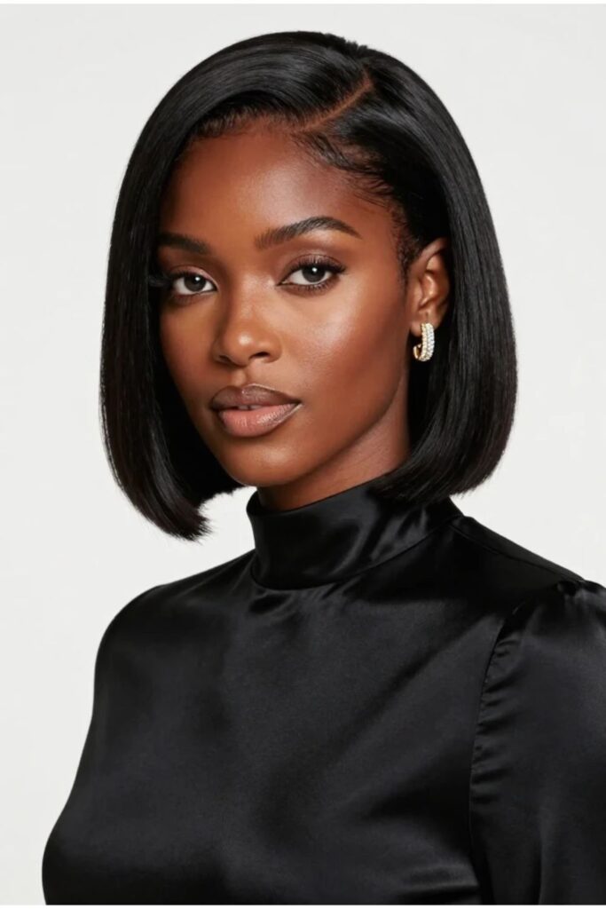 Classic jet black bob hairstyle for Black women with deep glossy tones and sophisticated finish