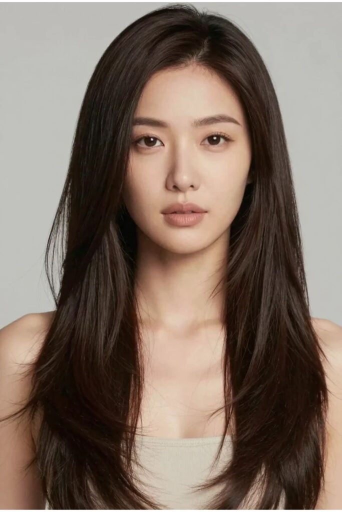 Woman with a classic long octopus haircut featuring soft layered volume at the crown and flowing ends
