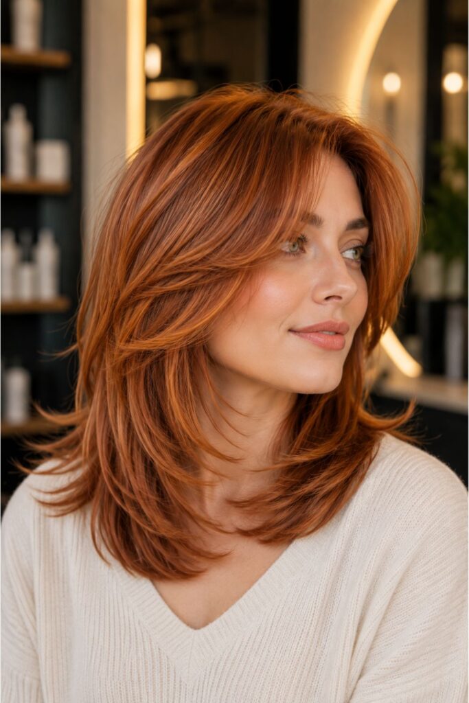 Woman with a copper kitty cut featuring rich copper layered hair, soft face-framing pieces, and a polished shoulder-length blowout.